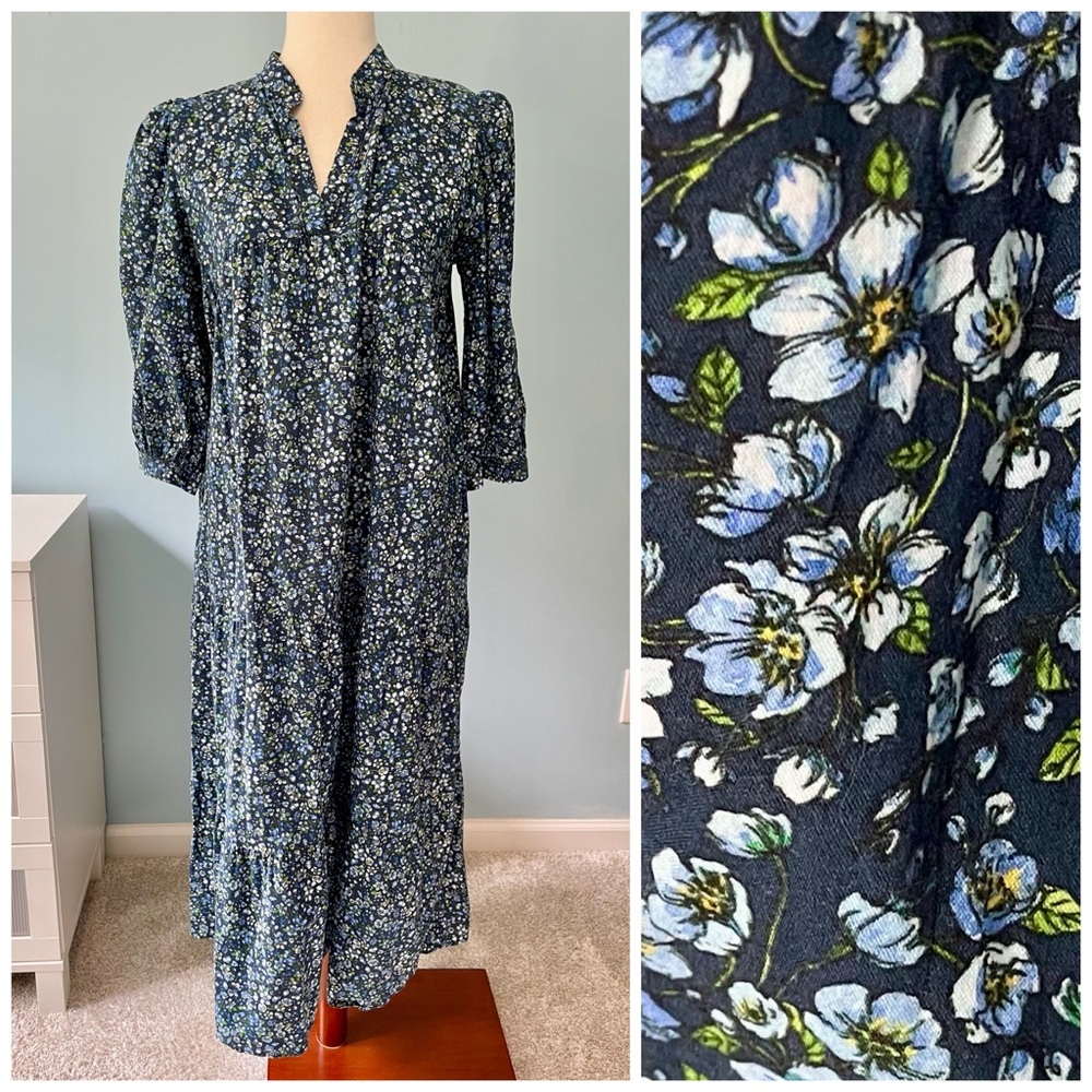 BEVERLY DRIVE Beverly Drive Cotton Lawn Midi Day Gown Dress in Blue Floral